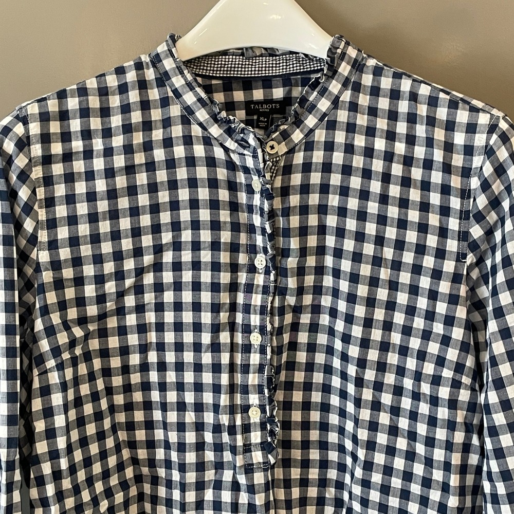 Talbots Womens XL Petites Blue Gingham Ruffle Collar Cotton Popover Blouse Top